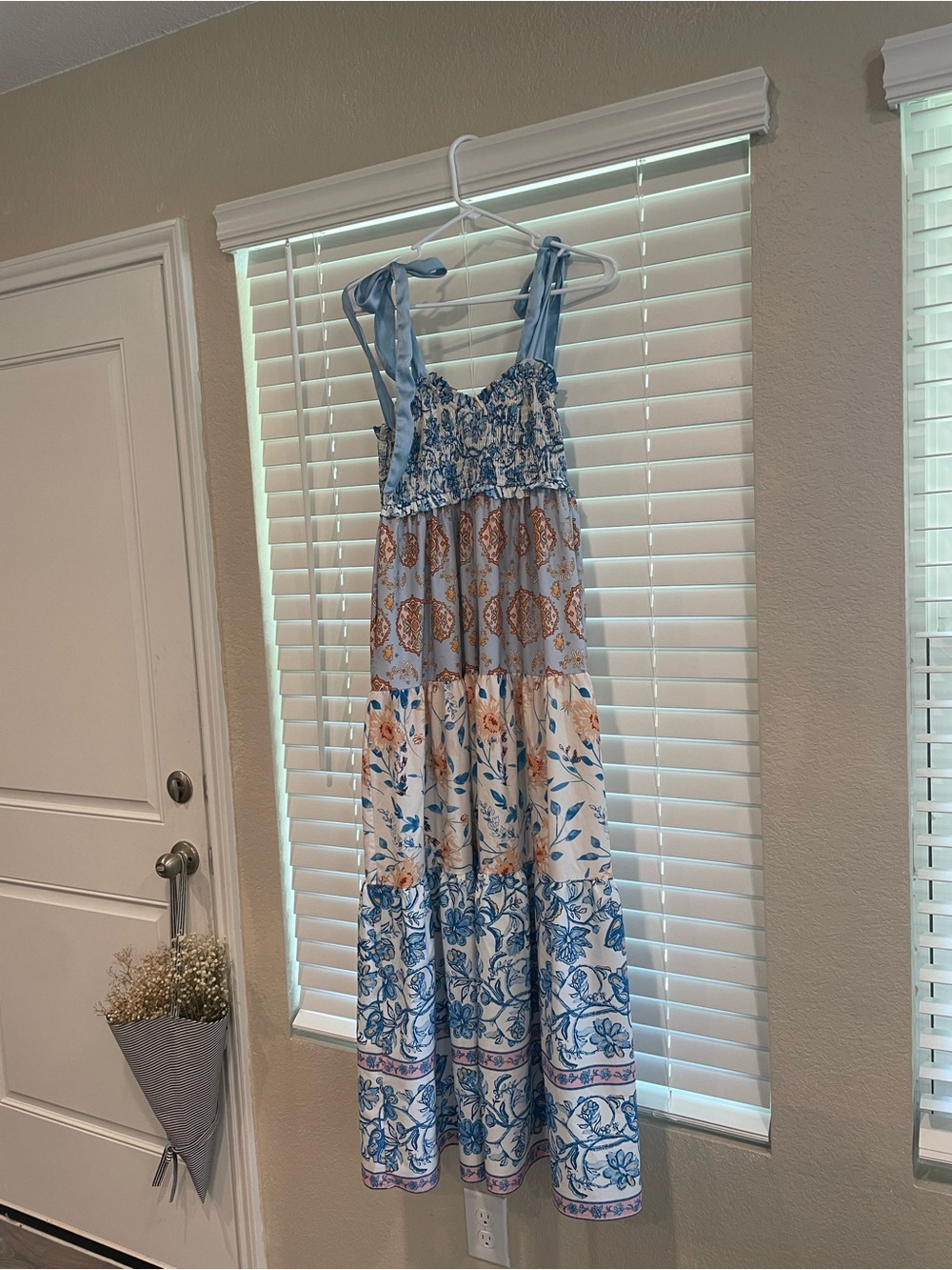 Amazon Blue Floral Tiered Maxi Dress with Tie Straps